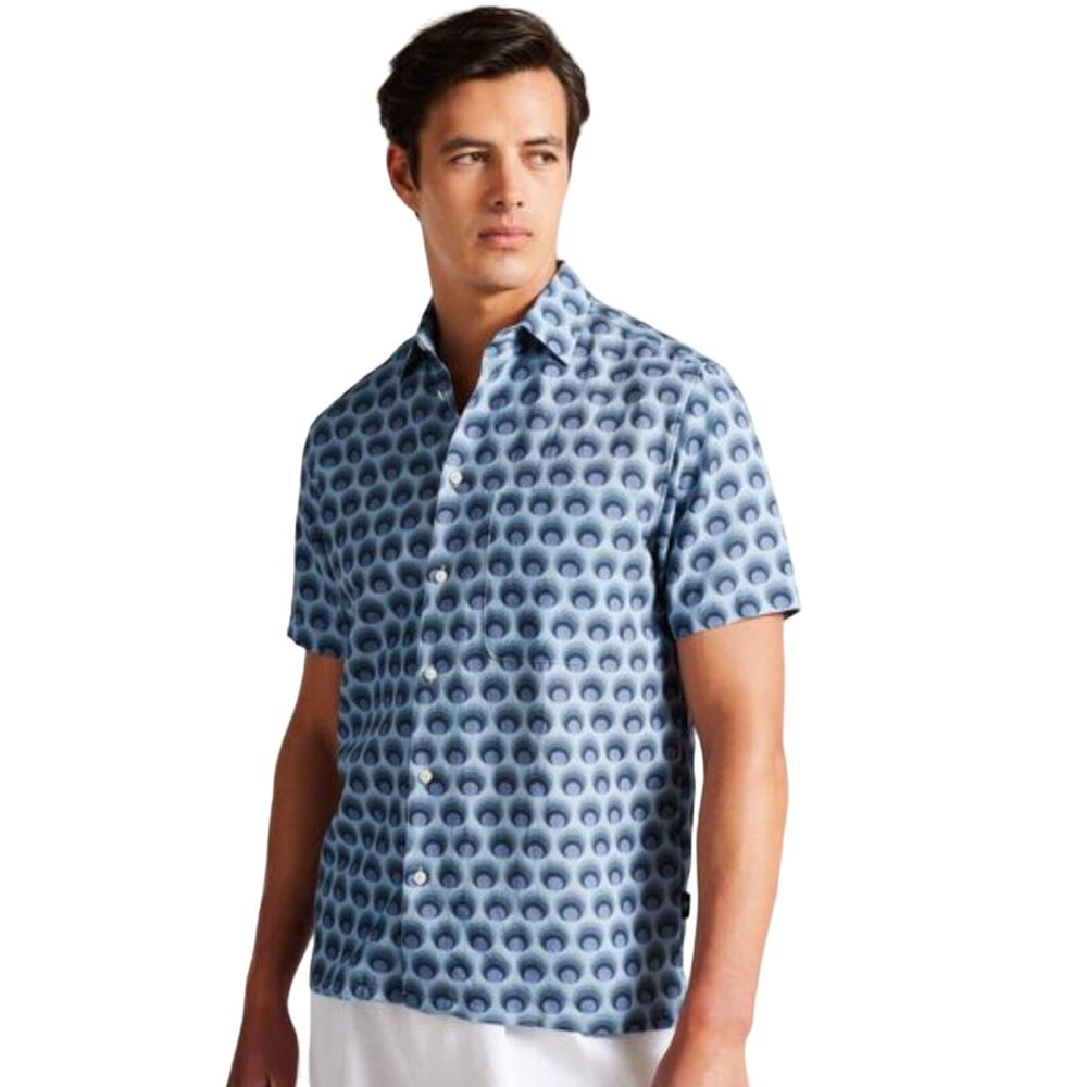 Ted Baker London Retro Spot Print camp Collar Shirt Blue short sleeve sz 2